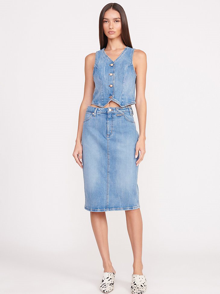 Wrangler + STAUD The Pencil Skirt in Mid Blue