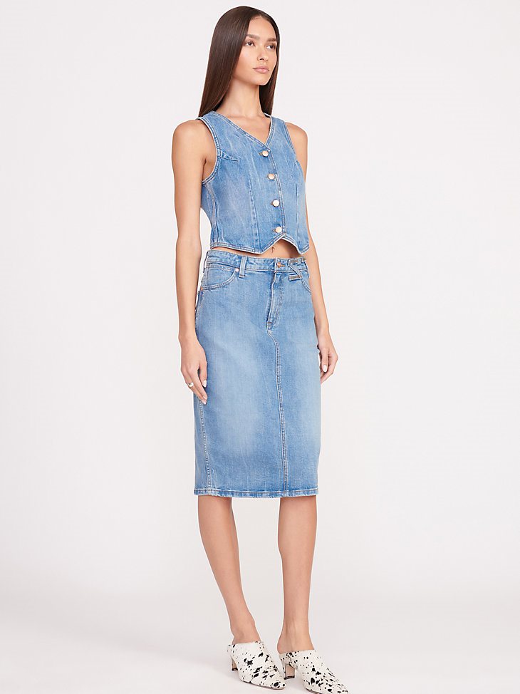 Wrangler + STAUD The Pencil Skirt in Mid Blue