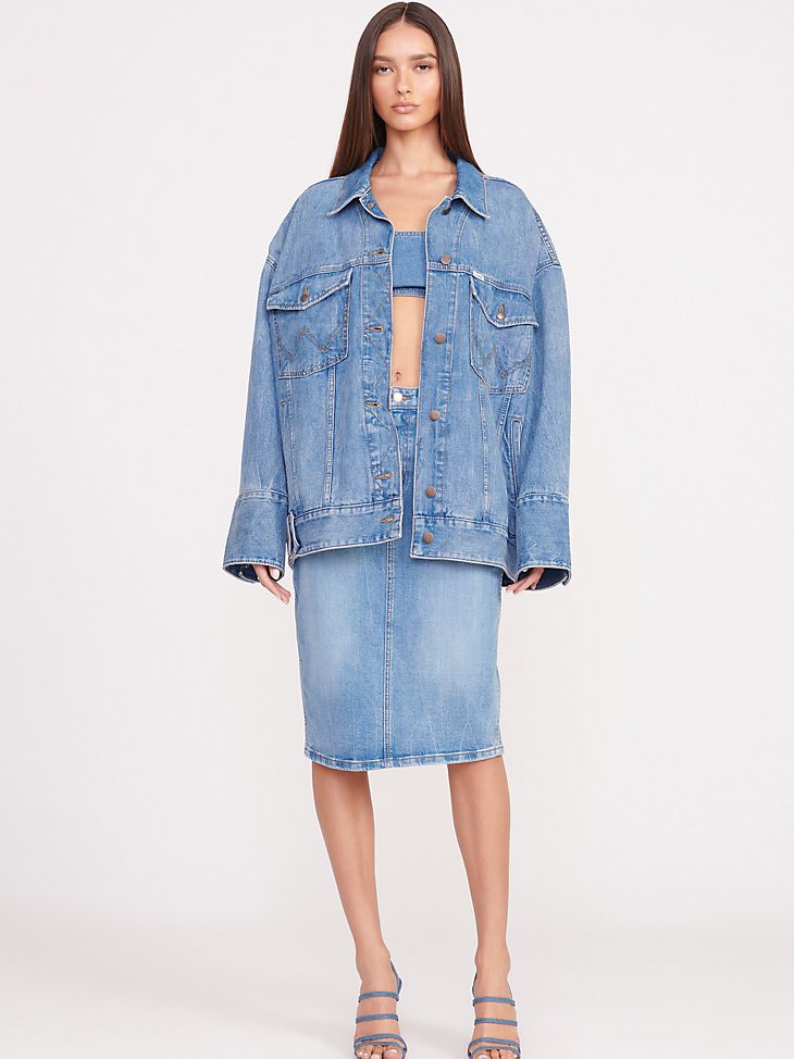 Wrangler + STAUD The Pencil Skirt in Mid Blue