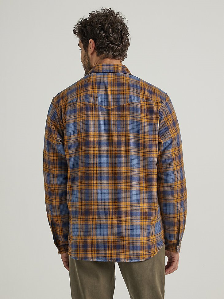 Men's Wrangler Heavyweight Plaid Sherpa Lined Shirt Jacket in Vintage Indigo