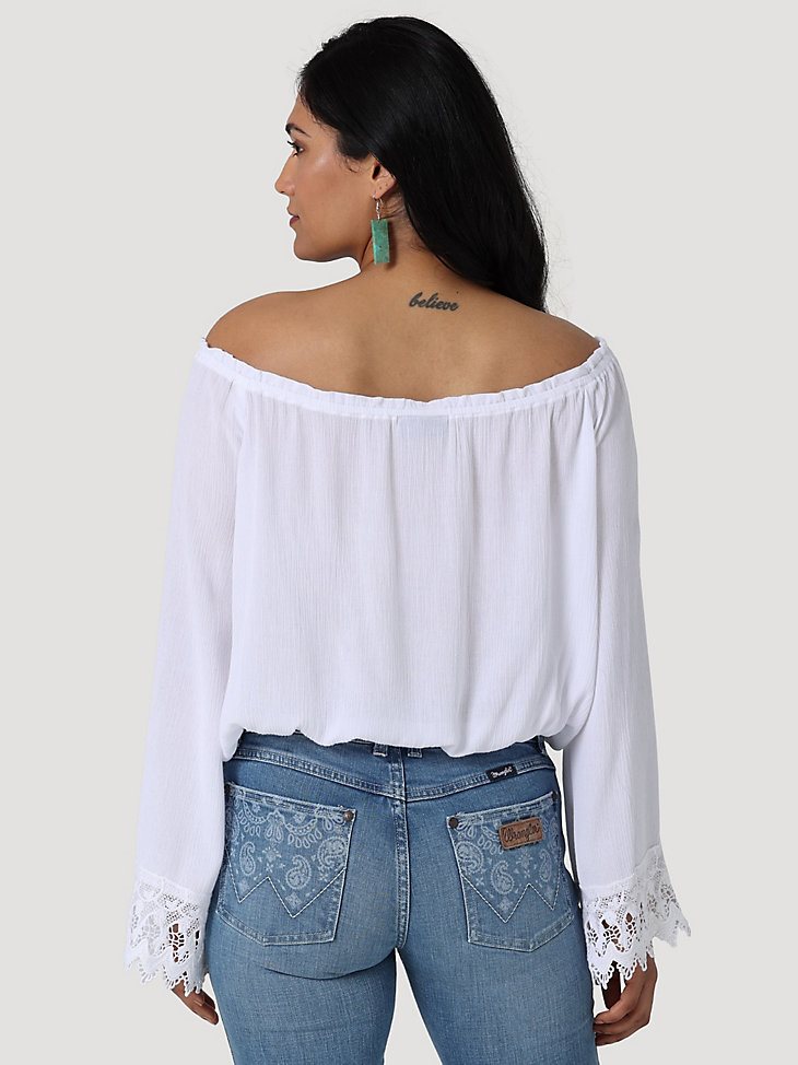 Women's Wrangler Retro Boho Lace Trim Blouse in White