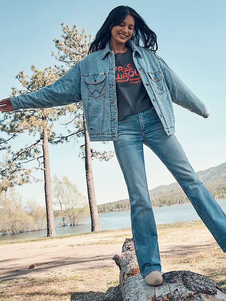 Women's Quilted Lined Denim Trucker Jacket in Scarecrow Blue