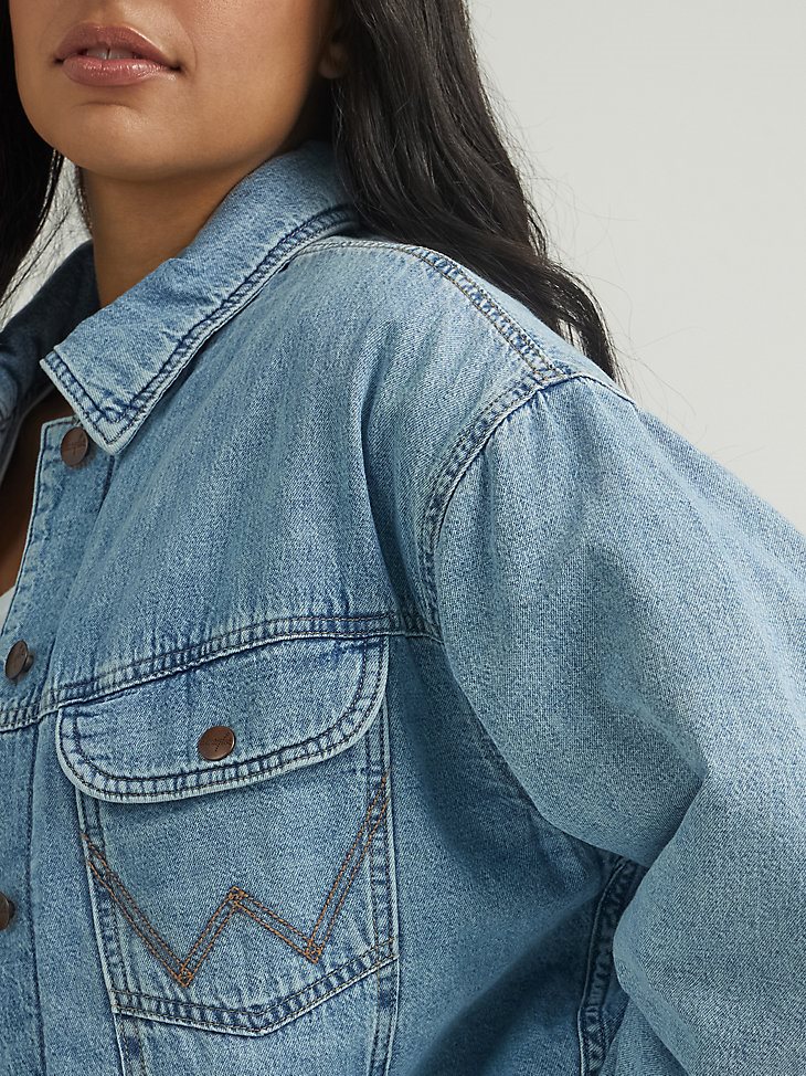 Women's Quilted Lined Denim Trucker Jacket in Scarecrow Blue