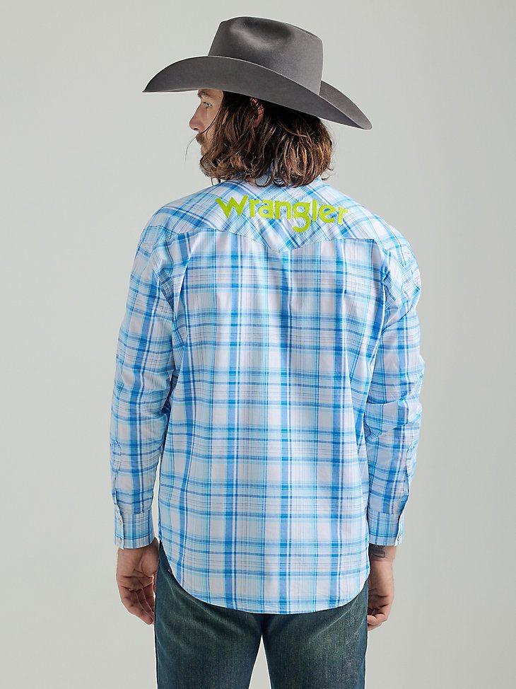 Men's Wrangler Logo Long Sleeve Western Snap Plaid Shirt in Sea Blue