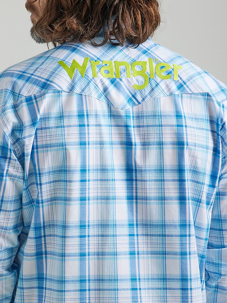 Men's Wrangler Logo Long Sleeve Western Snap Plaid Shirt in Sea Blue