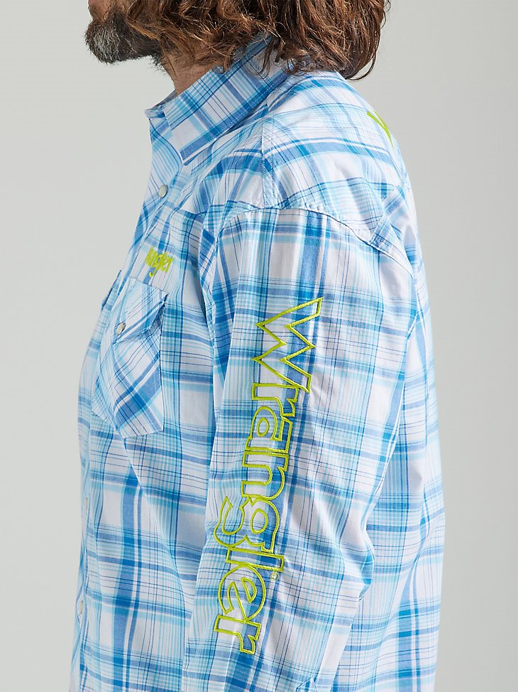 Men's Wrangler Logo Long Sleeve Western Snap Plaid Shirt in Sea Blue