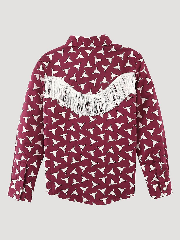 Girl's Fringe Steerhead Western Snap Shirt in Burgundy