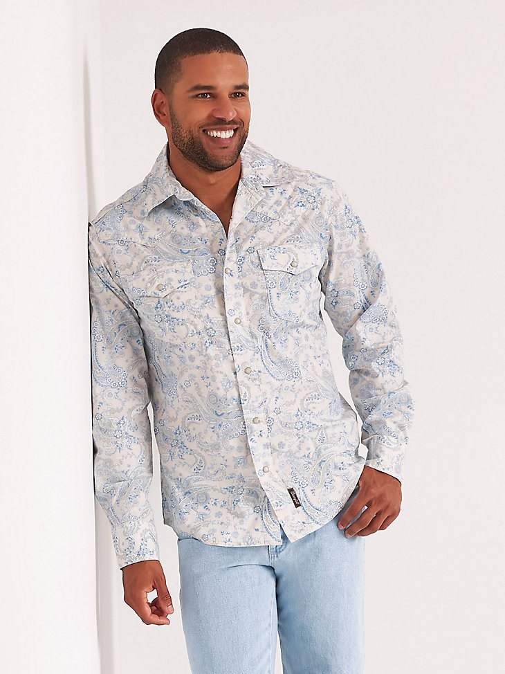 Men's Wrangler Retro Premium Long Sleeve Button-Down Print Shirt in Toile Blue