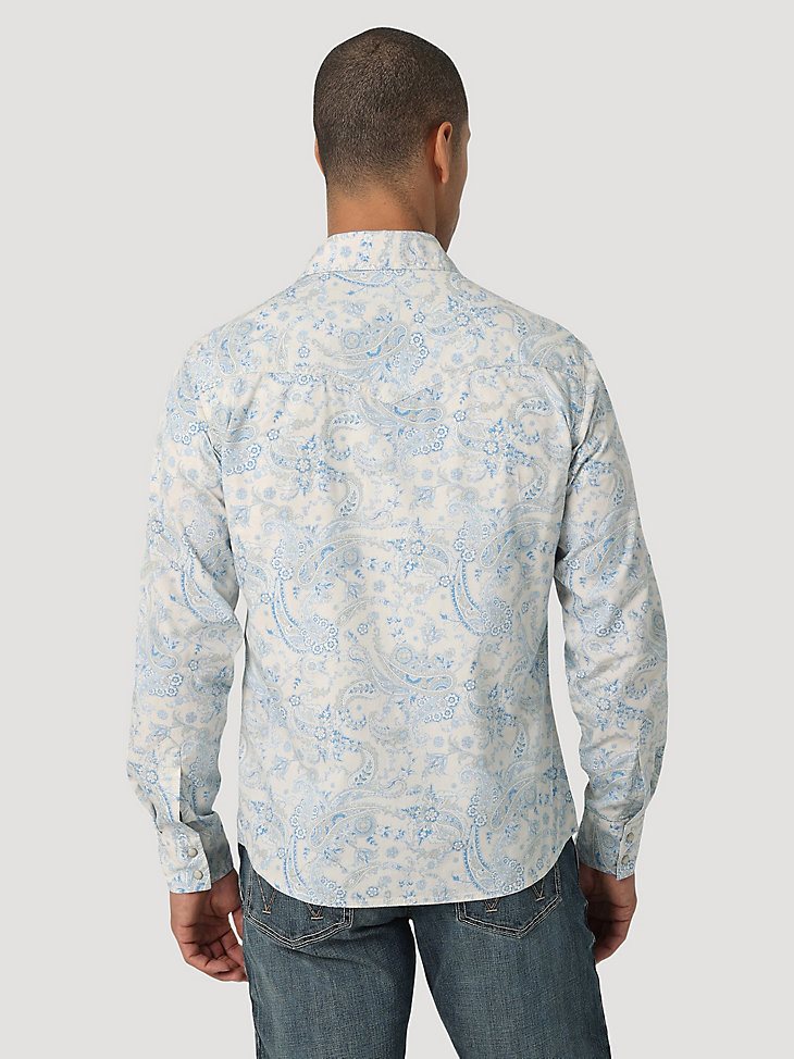 Men's Wrangler Retro Premium Long Sleeve Button-Down Print Shirt in Toile Blue