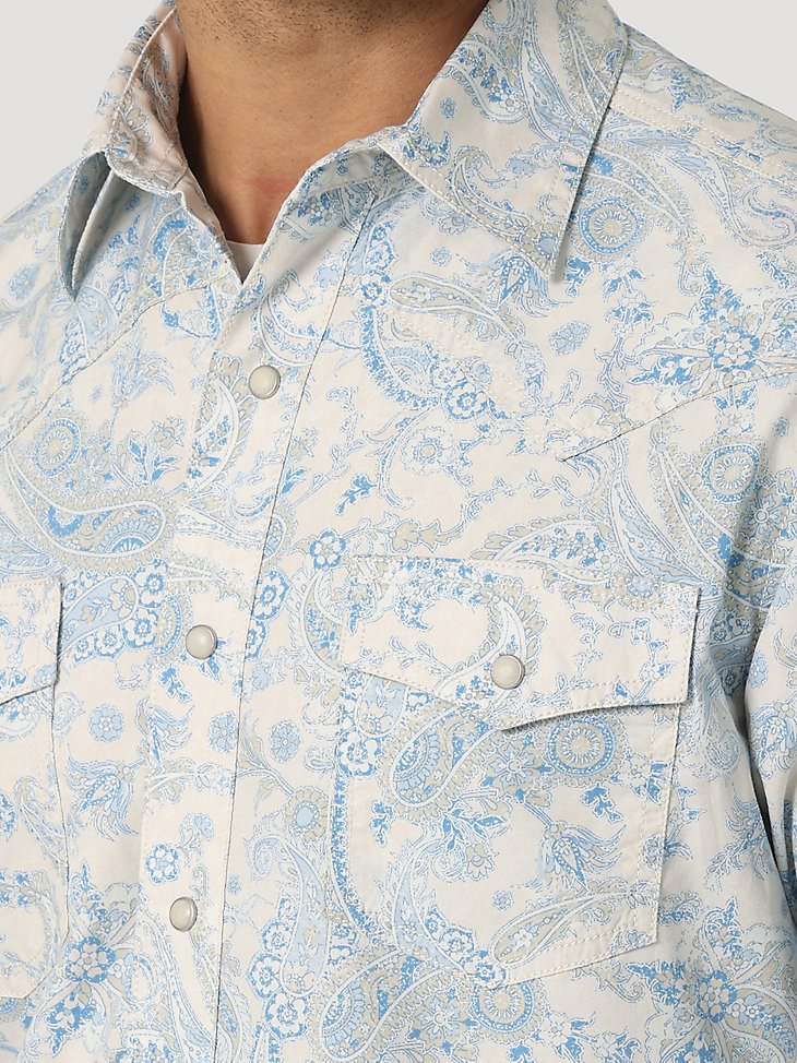 Men's Wrangler Retro Premium Long Sleeve Button-Down Print Shirt in Toile Blue