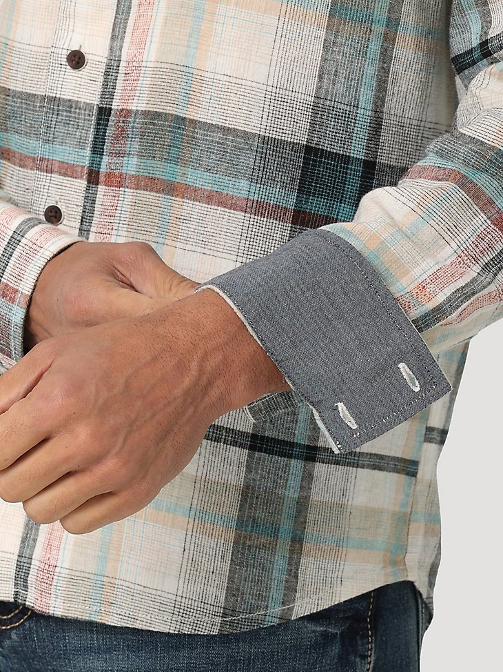 Men's Wrangler Retro Premium Long Sleeve Button Down Plaid Shirt in Off White