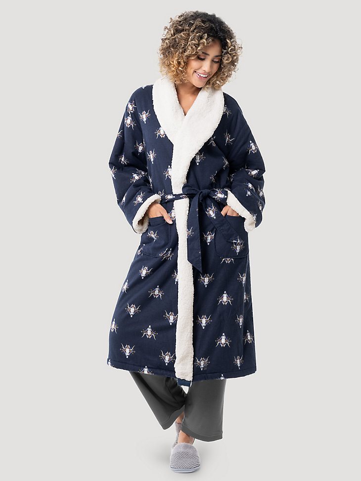 Flannel Steer Head Sherpa Lined Robe in Dark Sapphire