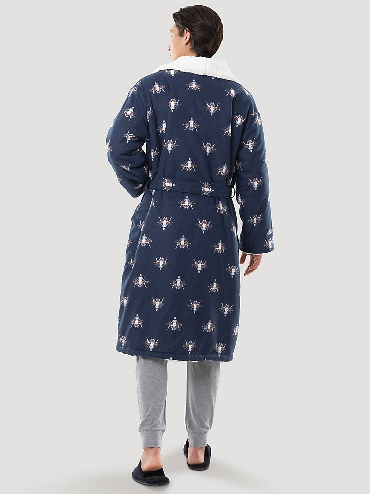 Flannel Steer Head Sherpa Lined Robe in Dark Sapphire
