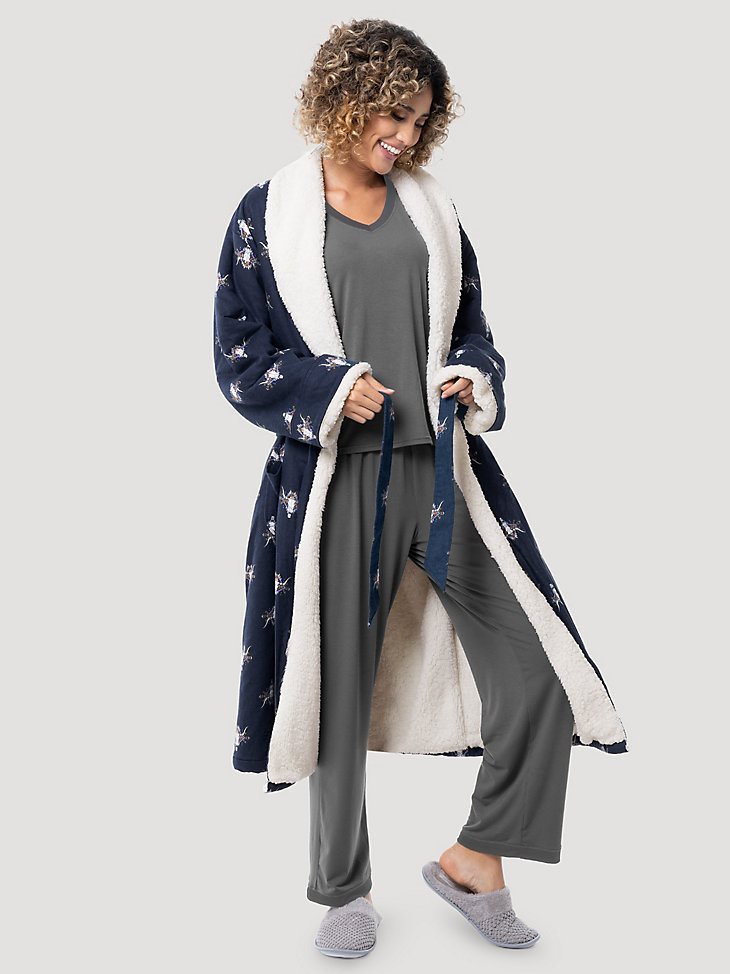 Flannel Steer Head Sherpa Lined Robe in Dark Sapphire