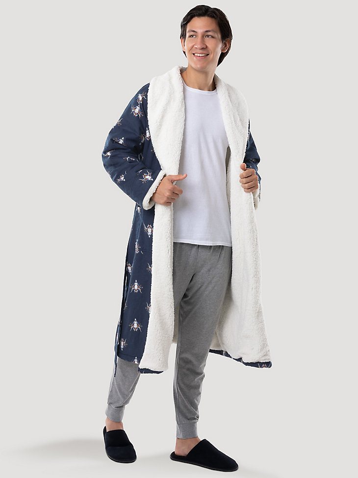 Flannel Steer Head Sherpa Lined Robe in Dark Sapphire