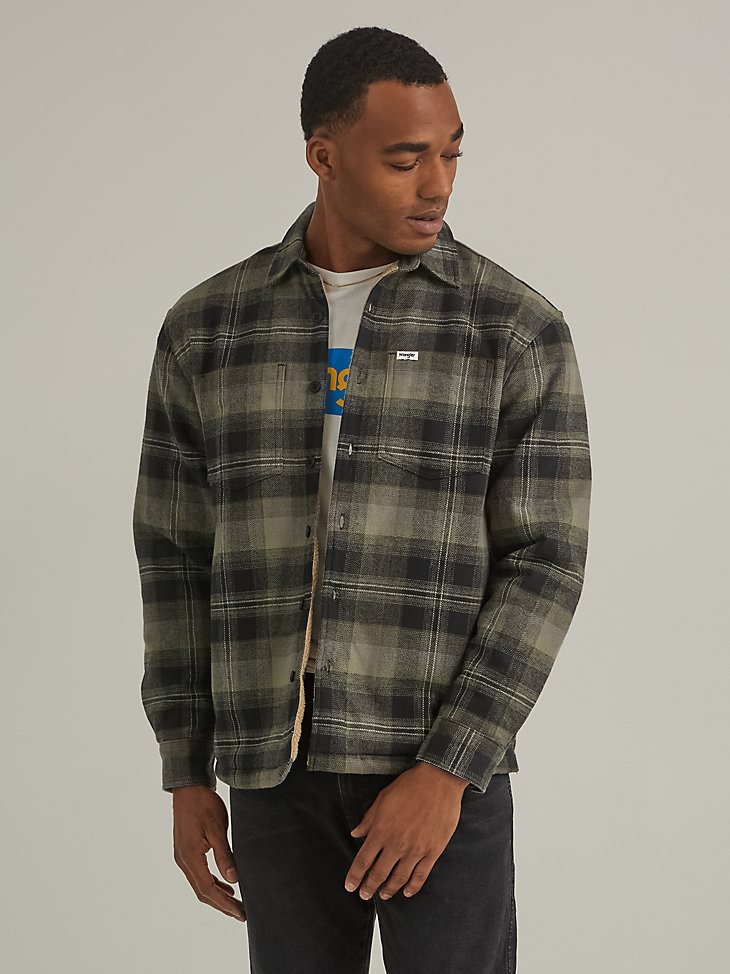 Men's Sherpa Lined Plaid Overshirt in Deep Depths Green