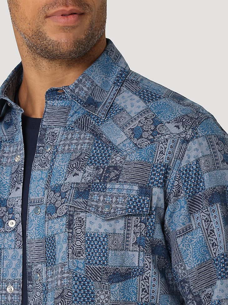 Wrangler Retro Premium Patchwork Western Snap Shirt in Blue Patches