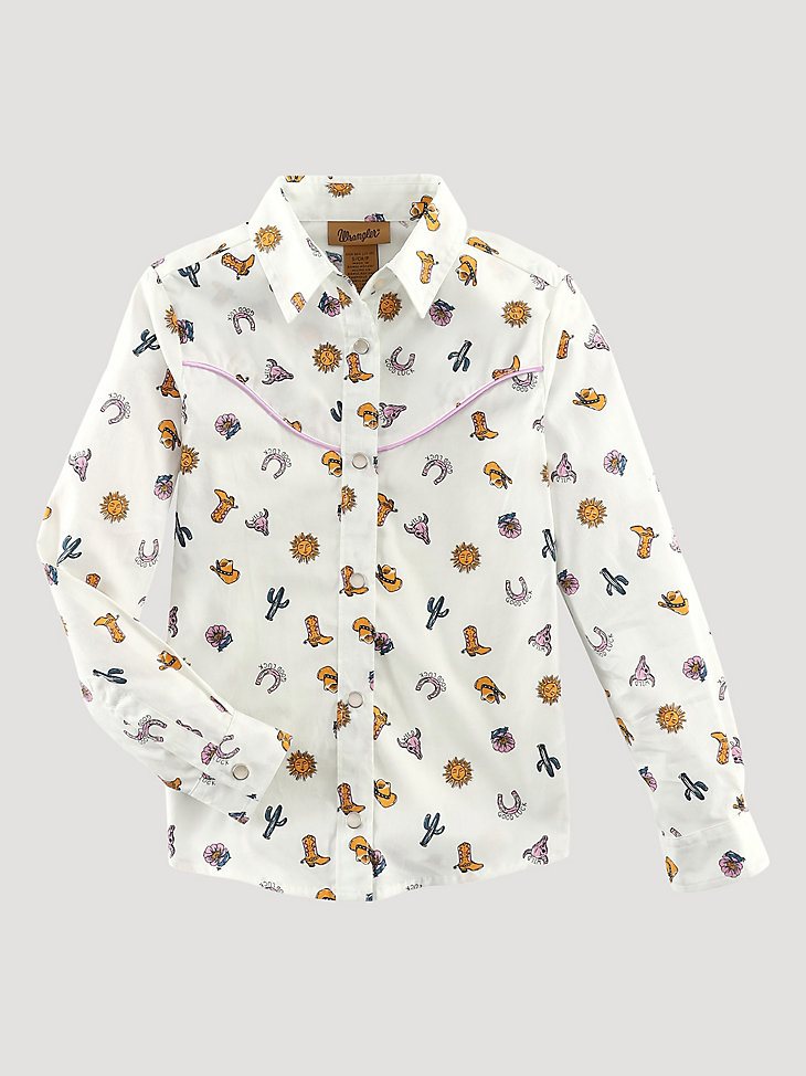 Girl's Cacti Cowgirl Boot Western Snap Shirt in White