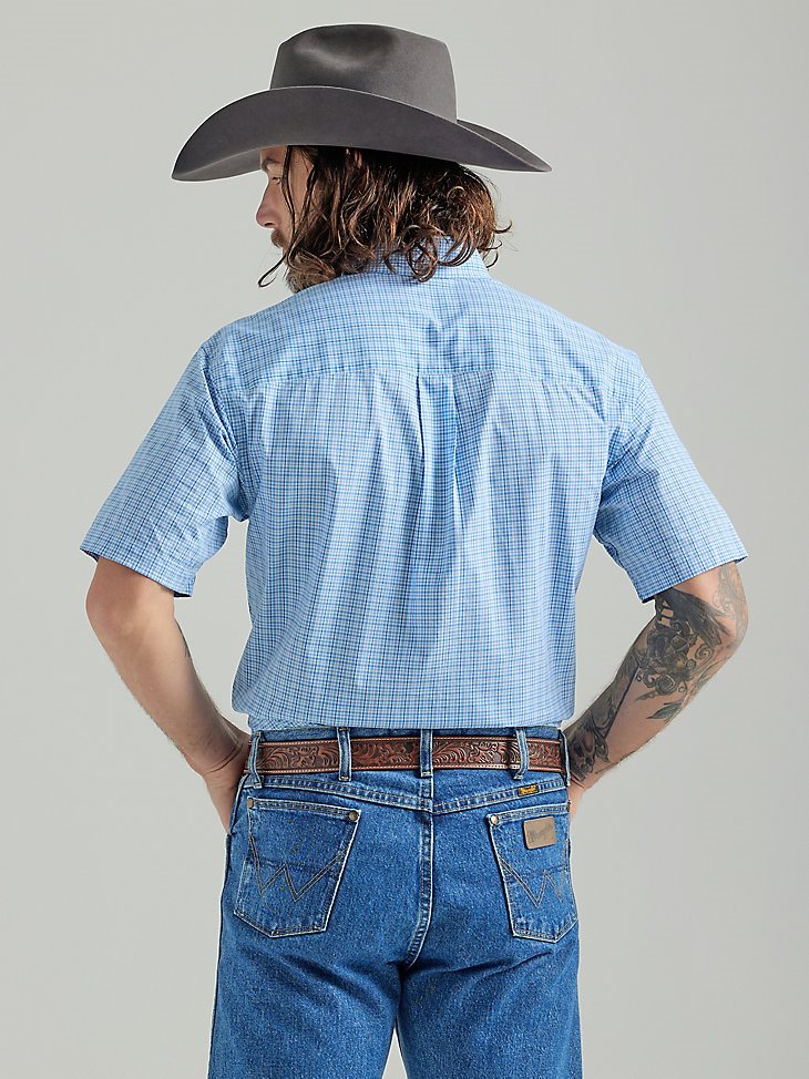 Men's George Strait Short Sleeve 2 Pocket Button Down Plaid Shirt in Baby Blue