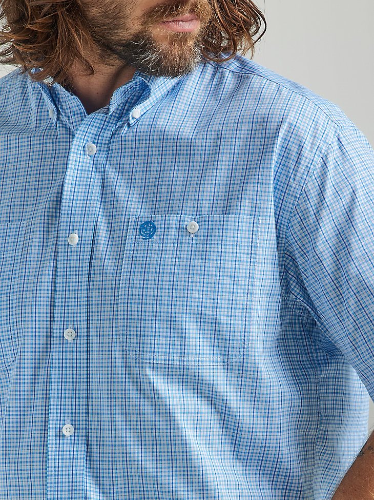 Men's George Strait Short Sleeve 2 Pocket Button Down Plaid Shirt in Baby Blue