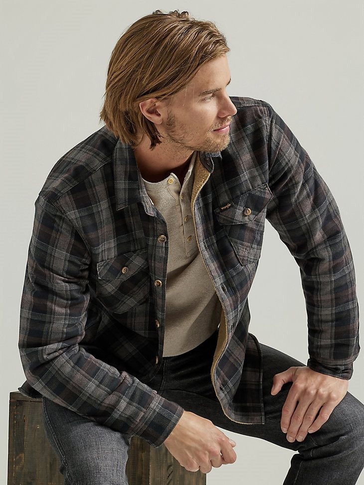 Men's Heavyweight Sherpa Lined Plaid Shirt Jacket in Raven Black
