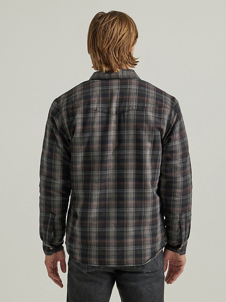 Men's Heavyweight Sherpa Lined Plaid Shirt Jacket in Raven Black