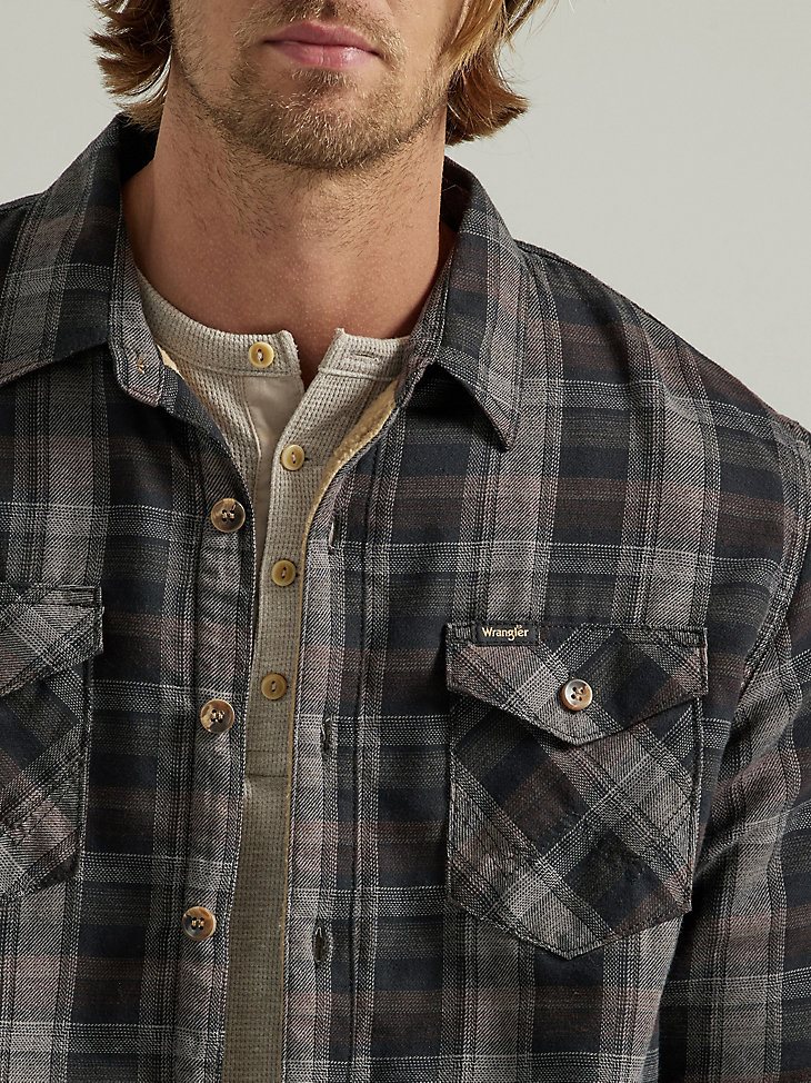 Men's Heavyweight Sherpa Lined Plaid Shirt Jacket in Raven Black