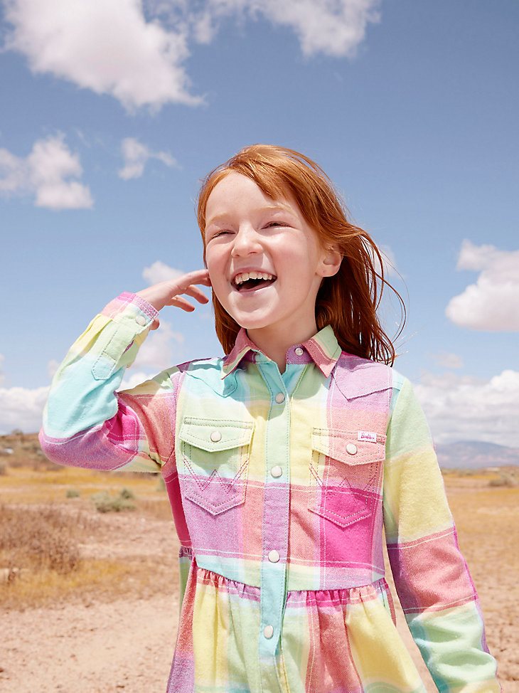 Wrangler x Barbie Girl's Plaid Western Snap Shirt Dress in Multi Plaid