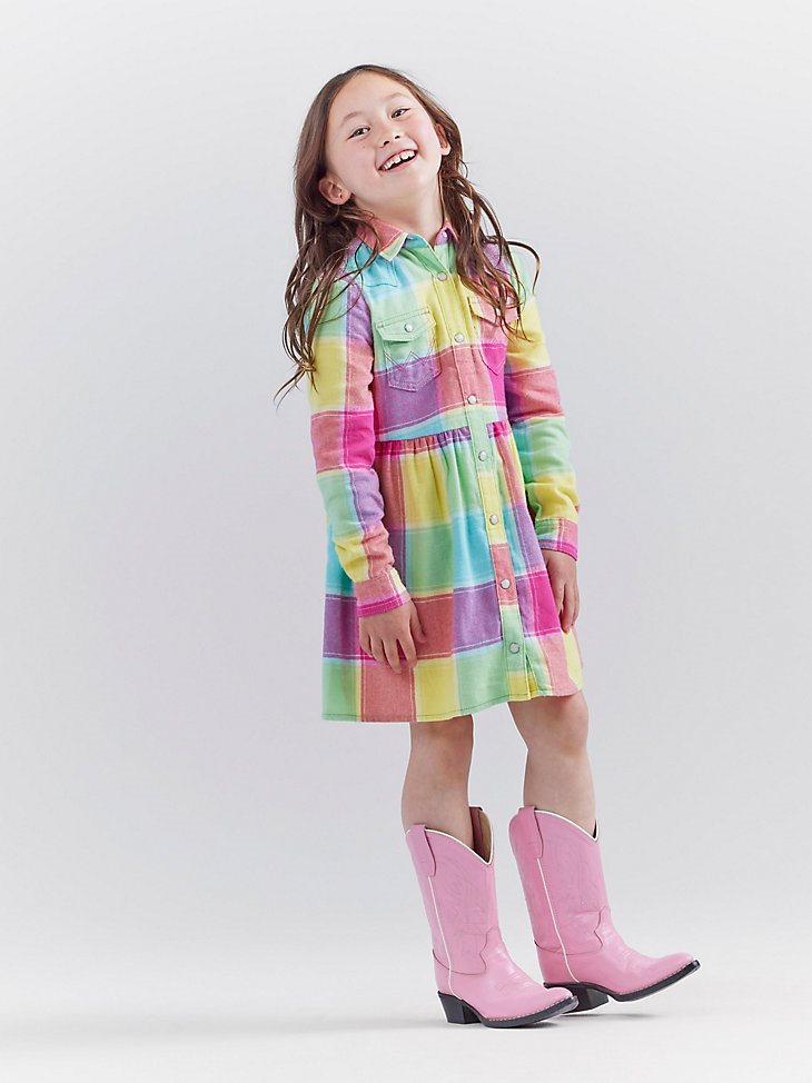 Wrangler x Barbie Girl's Plaid Western Snap Shirt Dress in Multi Plaid