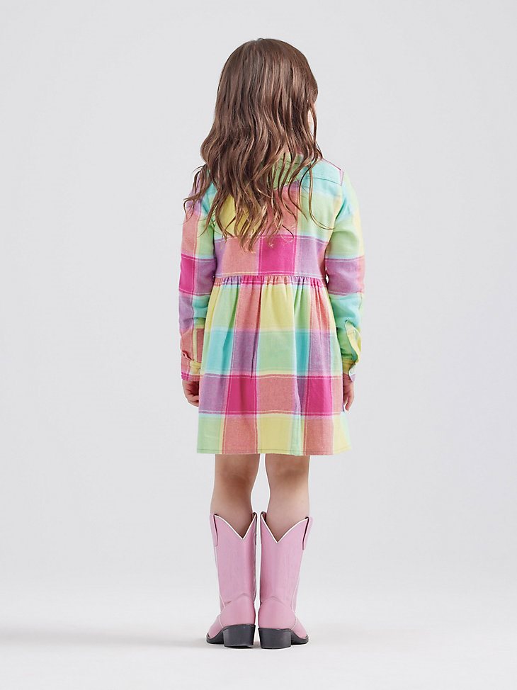 Wrangler x Barbie Girl's Plaid Western Snap Shirt Dress in Multi Plaid