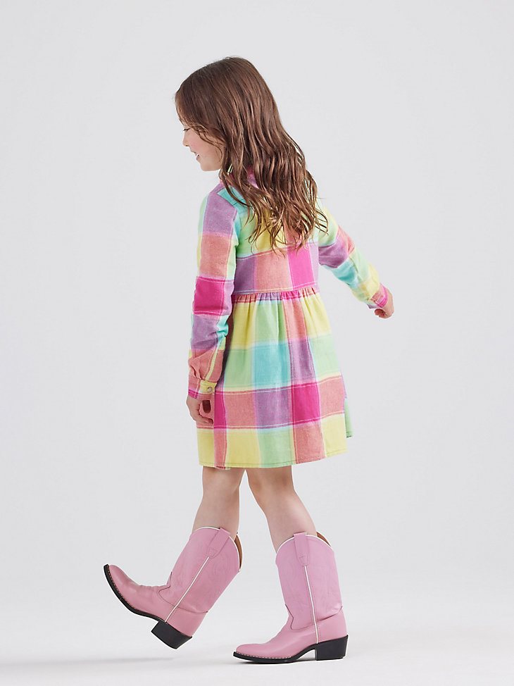 Wrangler x Barbie Girl's Plaid Western Snap Shirt Dress in Multi Plaid