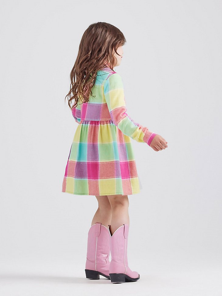 Wrangler x Barbie Girl's Plaid Western Snap Shirt Dress in Multi Plaid