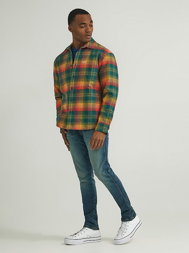 Men's Quilted Lined Plaid Overshirt in Racing Red