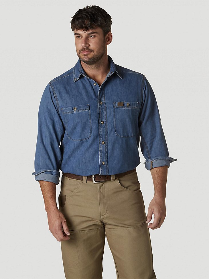 Wrangler RIGGS Workwear Long Sleeve Button Down Solid Denim Work Shirt in Antique