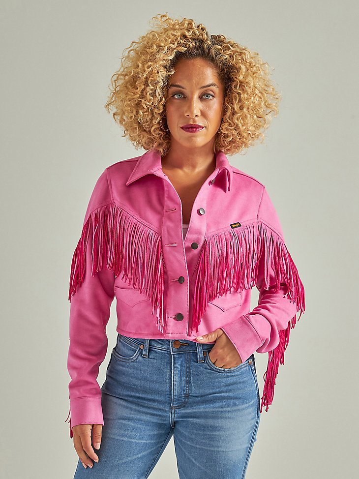 Women's Wrangler Retro Crop Fringe Jacket in Pink