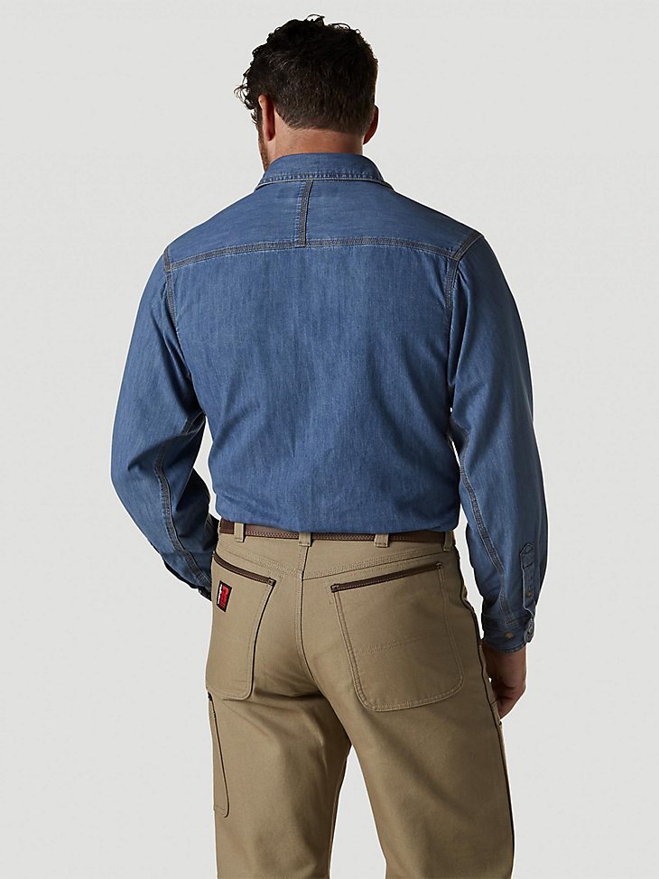 Wrangler RIGGS Workwear Long Sleeve Button Down Solid Denim Work Shirt in Antique
