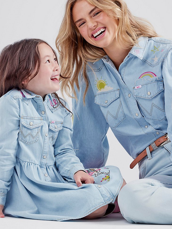 Wrangler x Barbie Western Balloon Sleeve Embroidered Blouse in Ken Wash