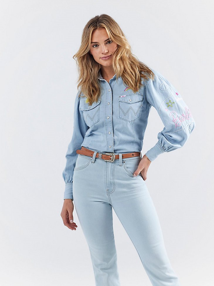 Wrangler x Barbie Western Balloon Sleeve Embroidered Blouse in Ken Wash