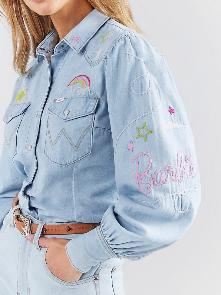 Wrangler x Barbie Western Balloon Sleeve Embroidered Blouse in Ken Wash