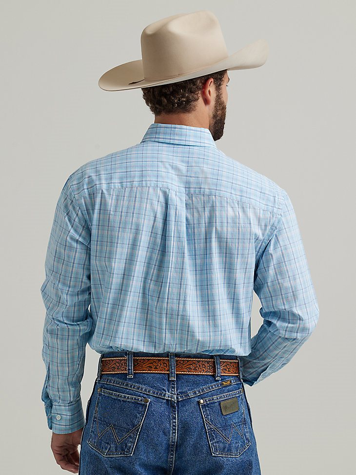 Men's George Strait Long Sleeve Button Down Two Pocket Plaid Shirt in Baby Blue