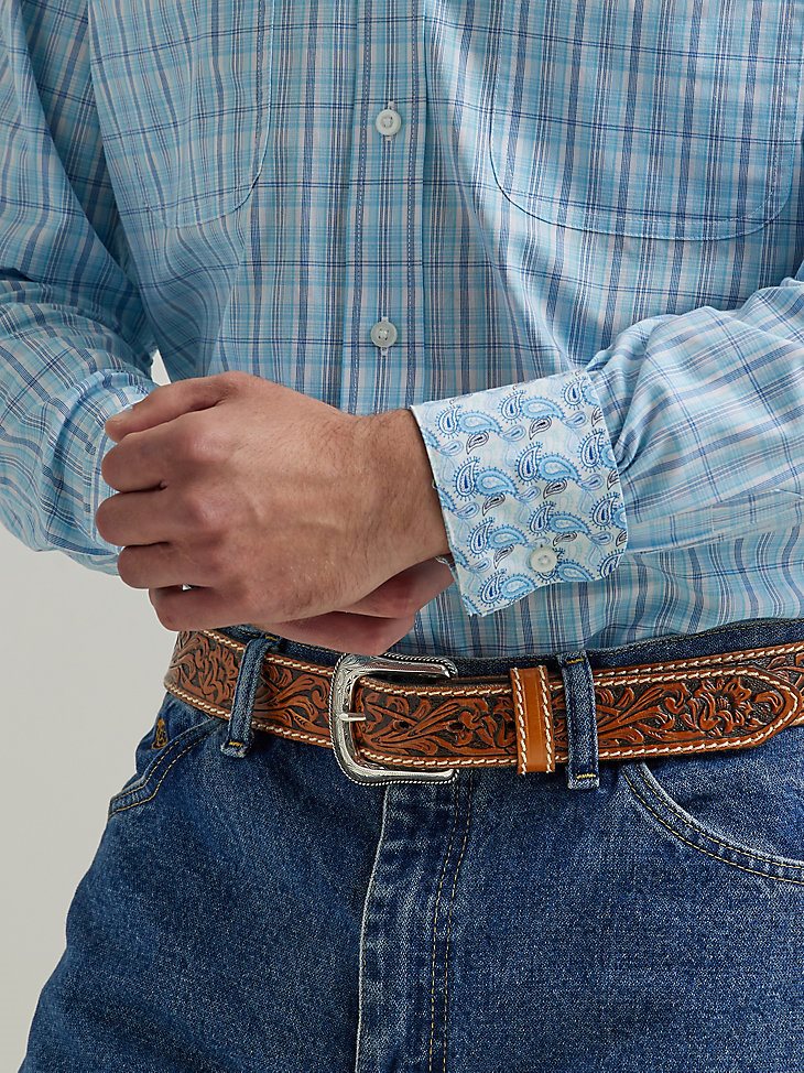Men's George Strait Long Sleeve Button Down Two Pocket Plaid Shirt in Baby Blue