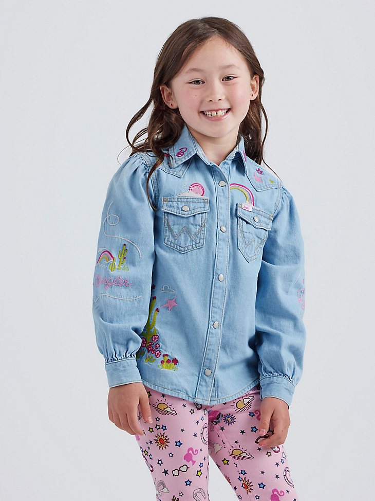 Wrangler x Barbie Girl's Balloon Sleeve Embroidered Blouse in Ken Blue
