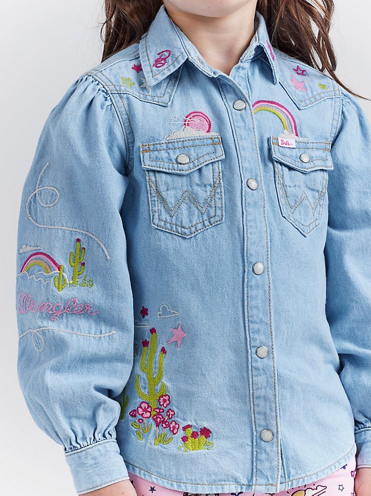 Wrangler x Barbie Girl's Balloon Sleeve Embroidered Blouse in Ken Blue