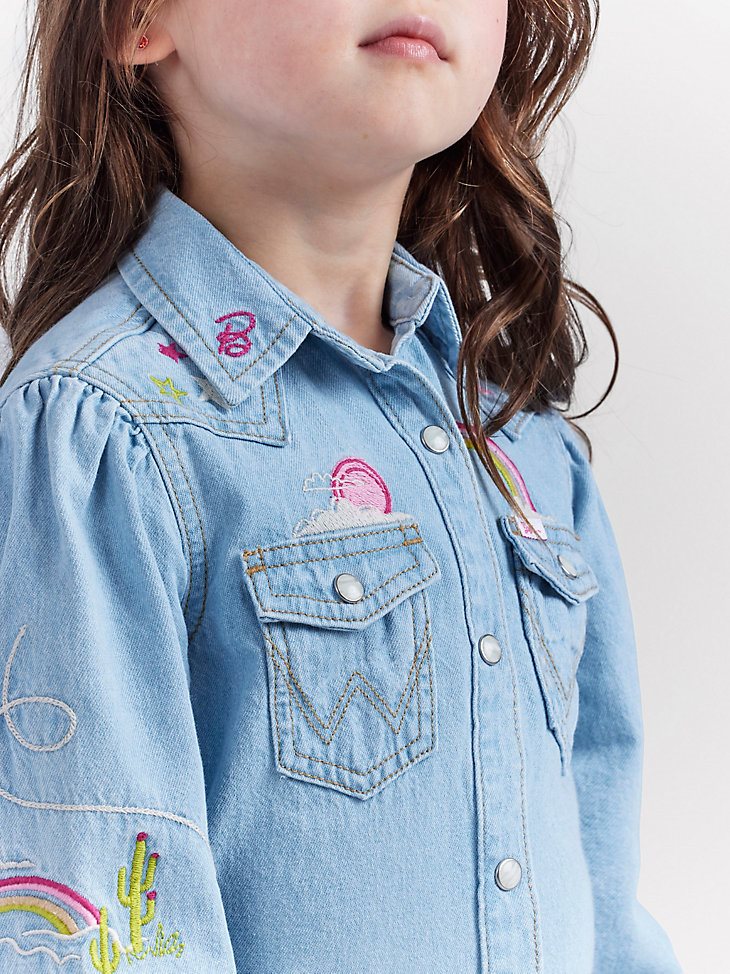 Wrangler x Barbie Girl's Balloon Sleeve Embroidered Blouse in Ken Blue