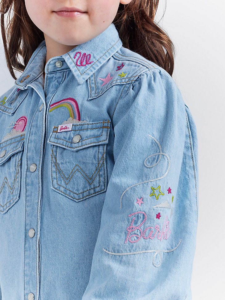 Wrangler x Barbie Girl's Balloon Sleeve Embroidered Blouse in Ken Blue