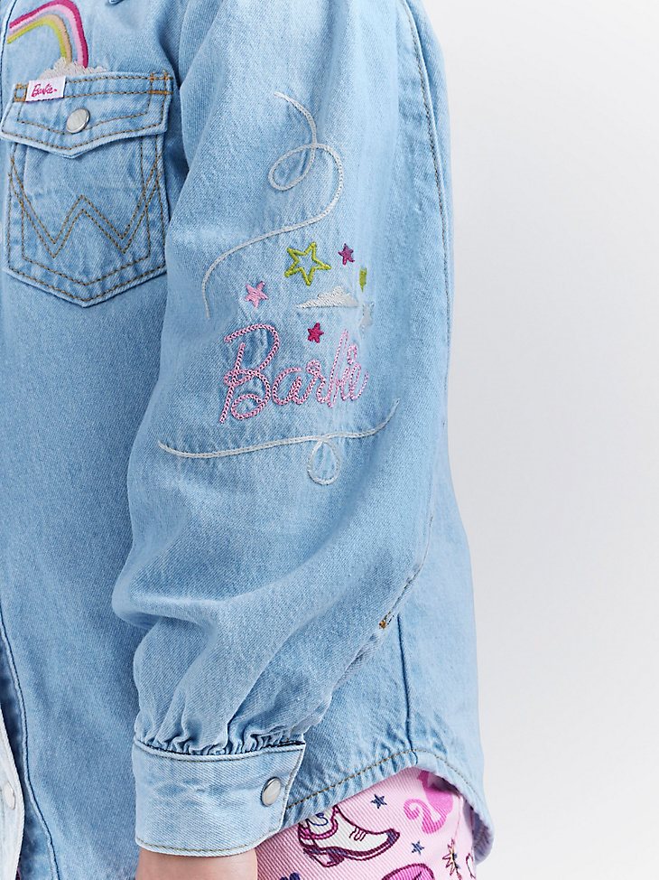 Wrangler x Barbie Girl's Balloon Sleeve Embroidered Blouse in Ken Blue