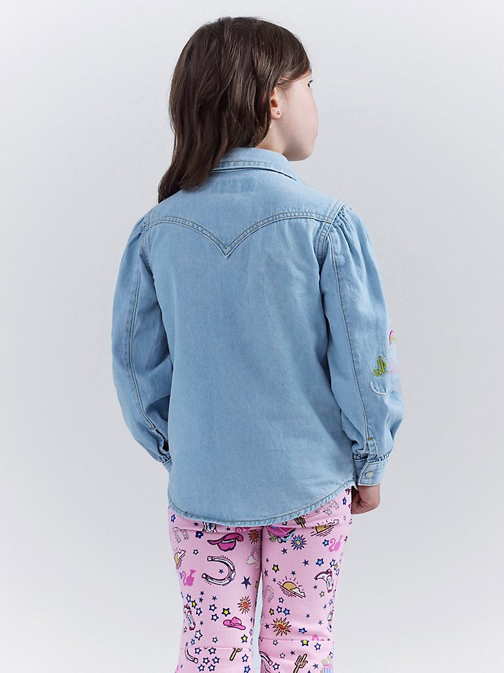 Wrangler x Barbie Girl's Balloon Sleeve Embroidered Blouse in Ken Blue