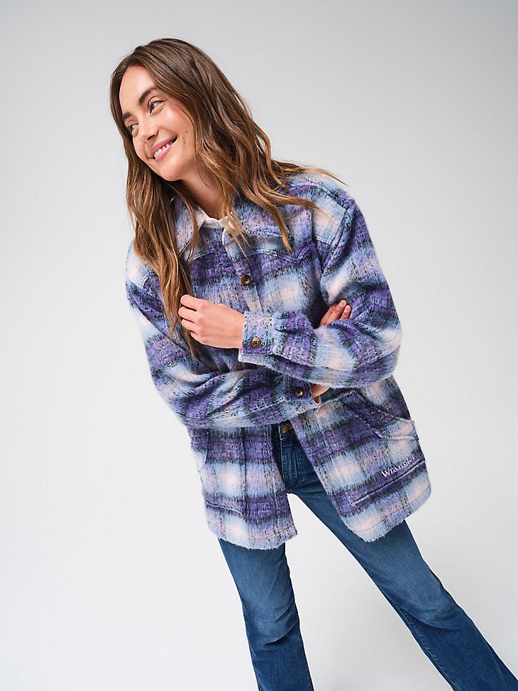 Women's Oversized Western Plaid Jacket in Very Peri Purple