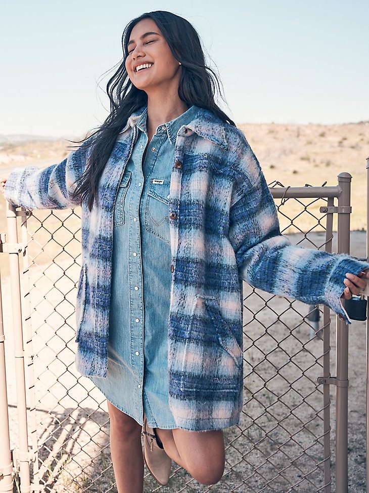 Women's Oversized Western Plaid Jacket in Very Peri Purple