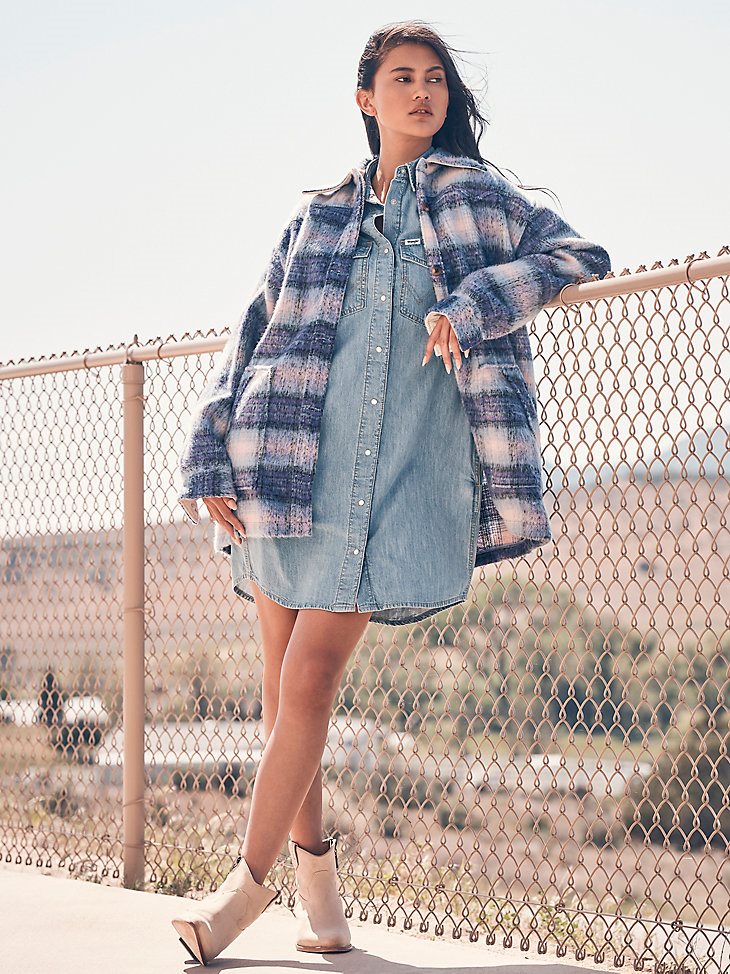 Women's Oversized Western Plaid Jacket in Very Peri Purple